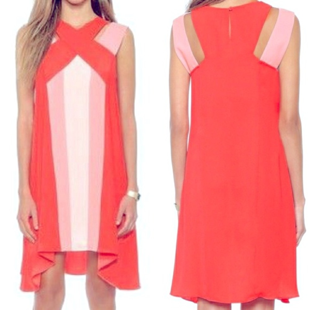 BCBGMaxazria Chantel Coral Pink Sleeveless Color Block Shift Dress